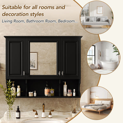 Wall Mounted Bathroom Medicine Cabinet, Modern Bathroom Wall Cabinet With Mirror, Mirror Cabinet With Open Shelves - Black