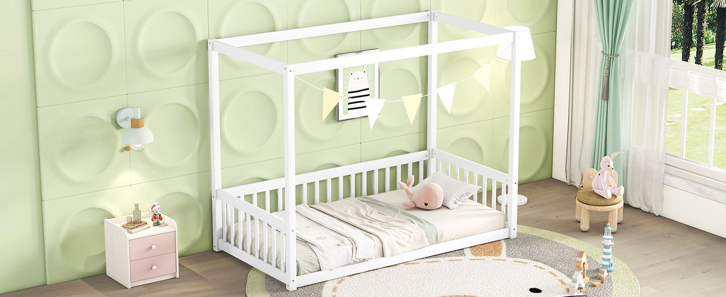 Twin Size Canopy Frame Floor Bed With Fence, Guardrails - White