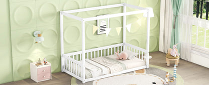 Twin Size Canopy Frame Floor Bed With Fence, Guardrails - White