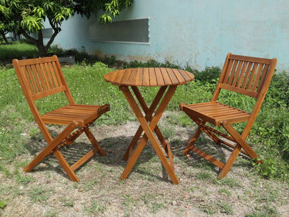 3 Piece Acacia Bistro Set, Folding Patio Furniture For Garden Backyard Balcony Porch With 1 Coffee Table And 2 Foldable Chairs - Light Brown