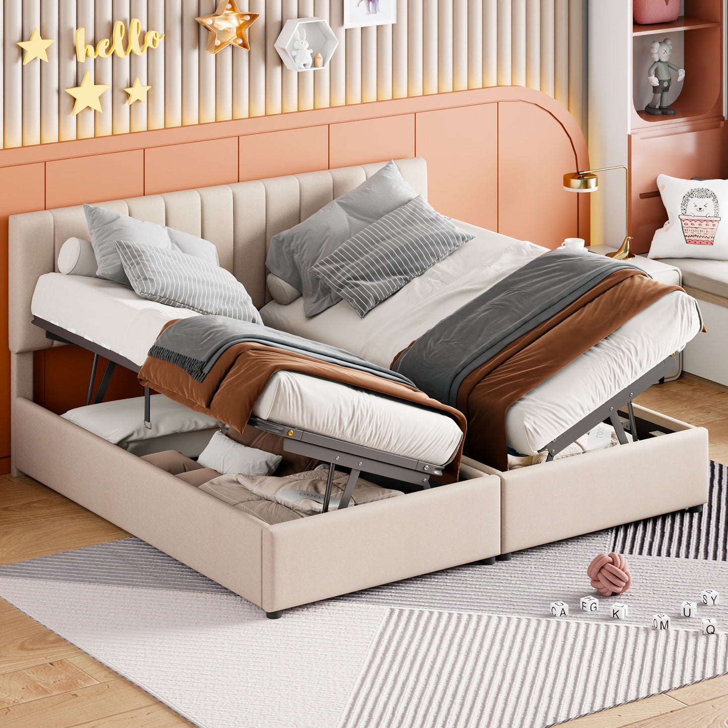 King Size Upholstered Platform Bed With A Hydraulic Storage System - Beige