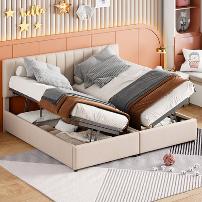 King Size Upholstered Platform Bed With A Hydraulic Storage System - Beige
