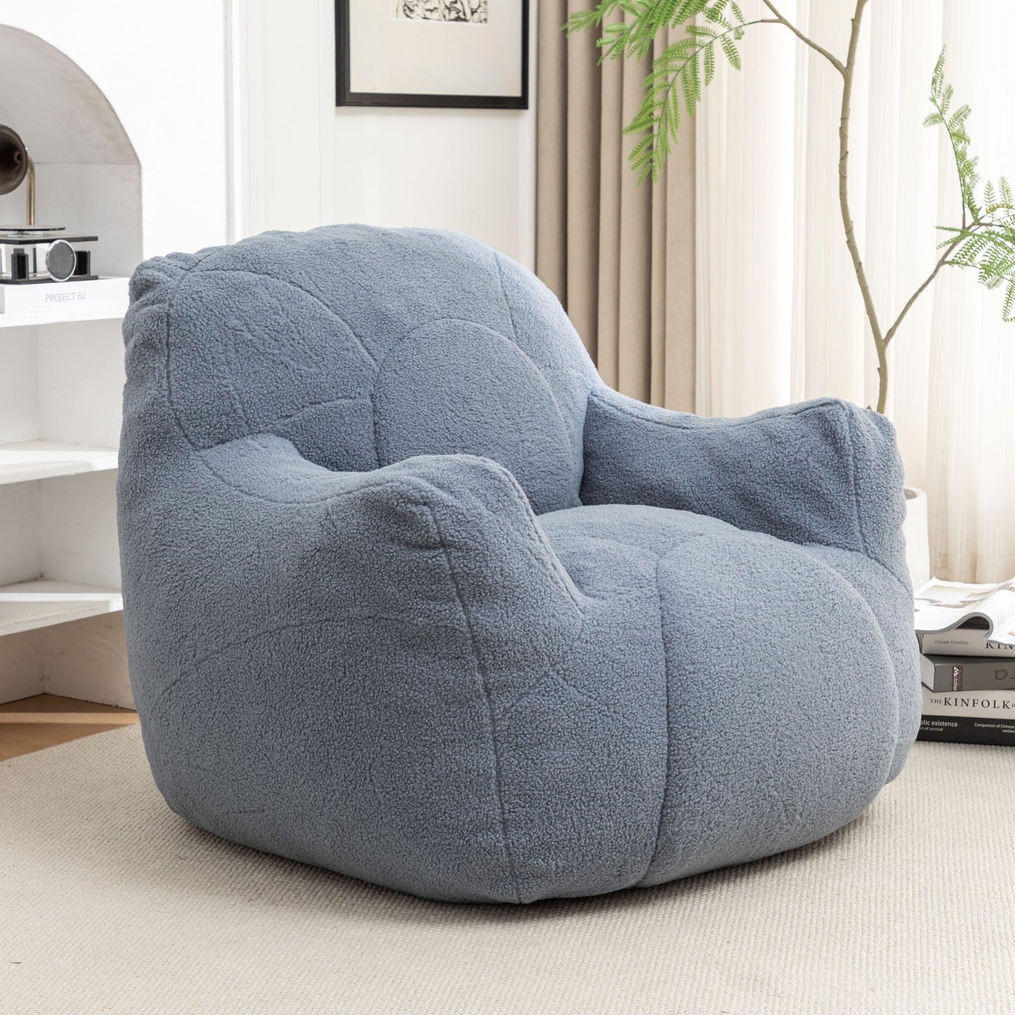 Comfy Bean Bag Chair With Filler, Tufted Memory Foam Sofa Teddy Fabric, Fluffy And Cozy Seating For Dorm, Apartment, Or Living Room - Light Blue
