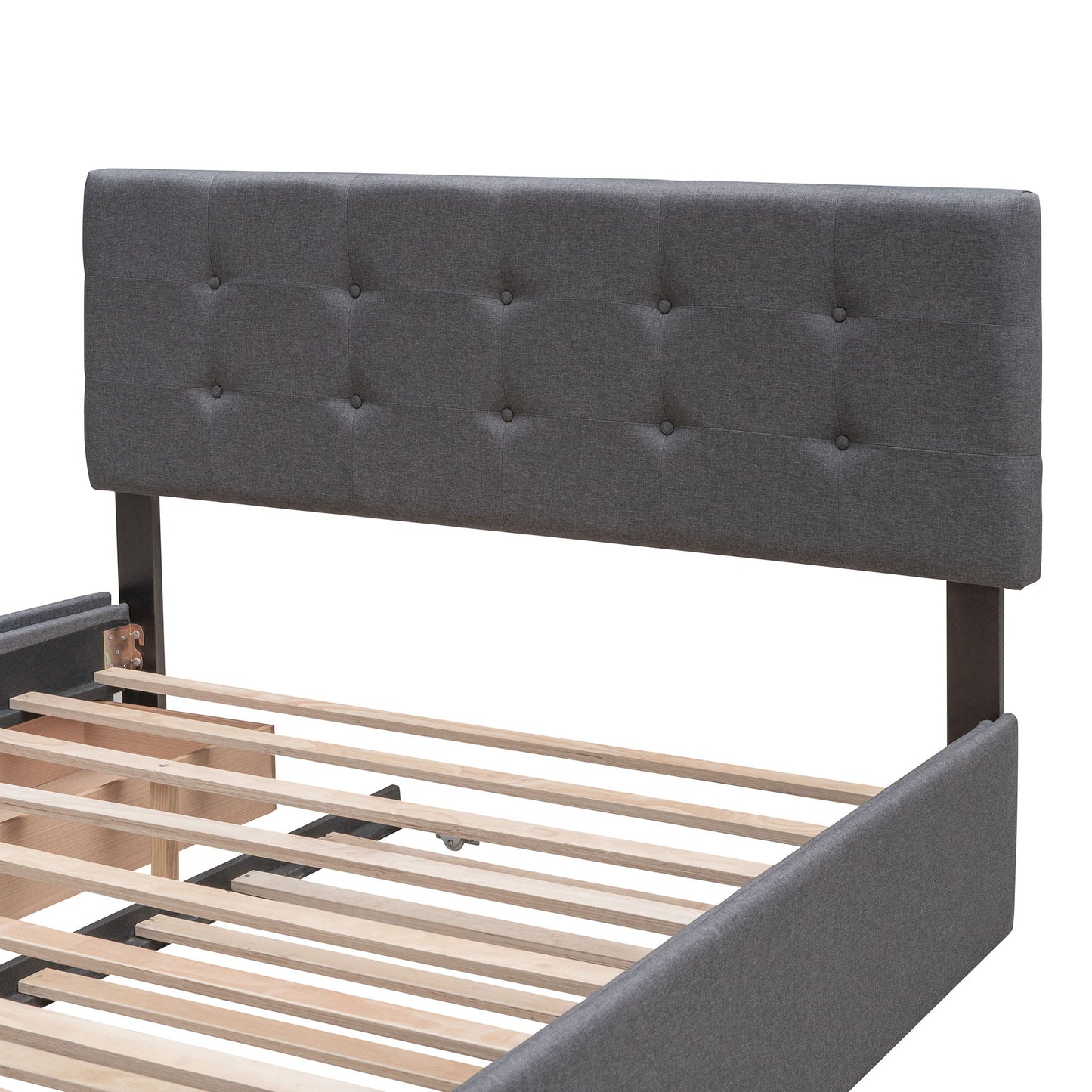 Queen Size Upholstered Platform Bed With 2 Drawers And 1 Twin Long Trundle - Dark Gray