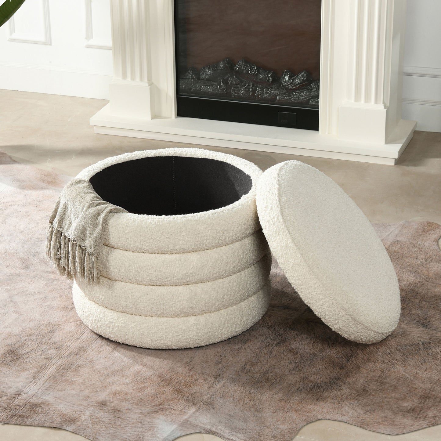 Fuji - Oversized Round Storage Ottoman - Ivory White