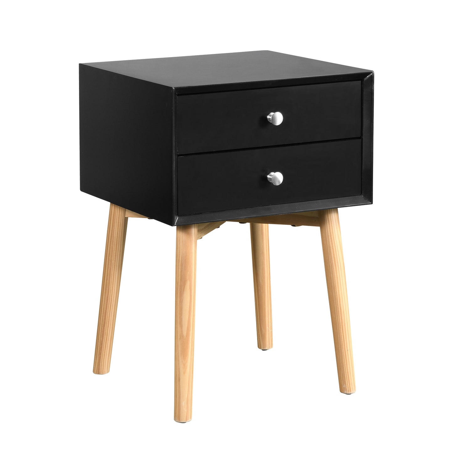 Side Table With 2 Drawer, Mid-Century Modern Storage Cabinet For Bedroom - Black