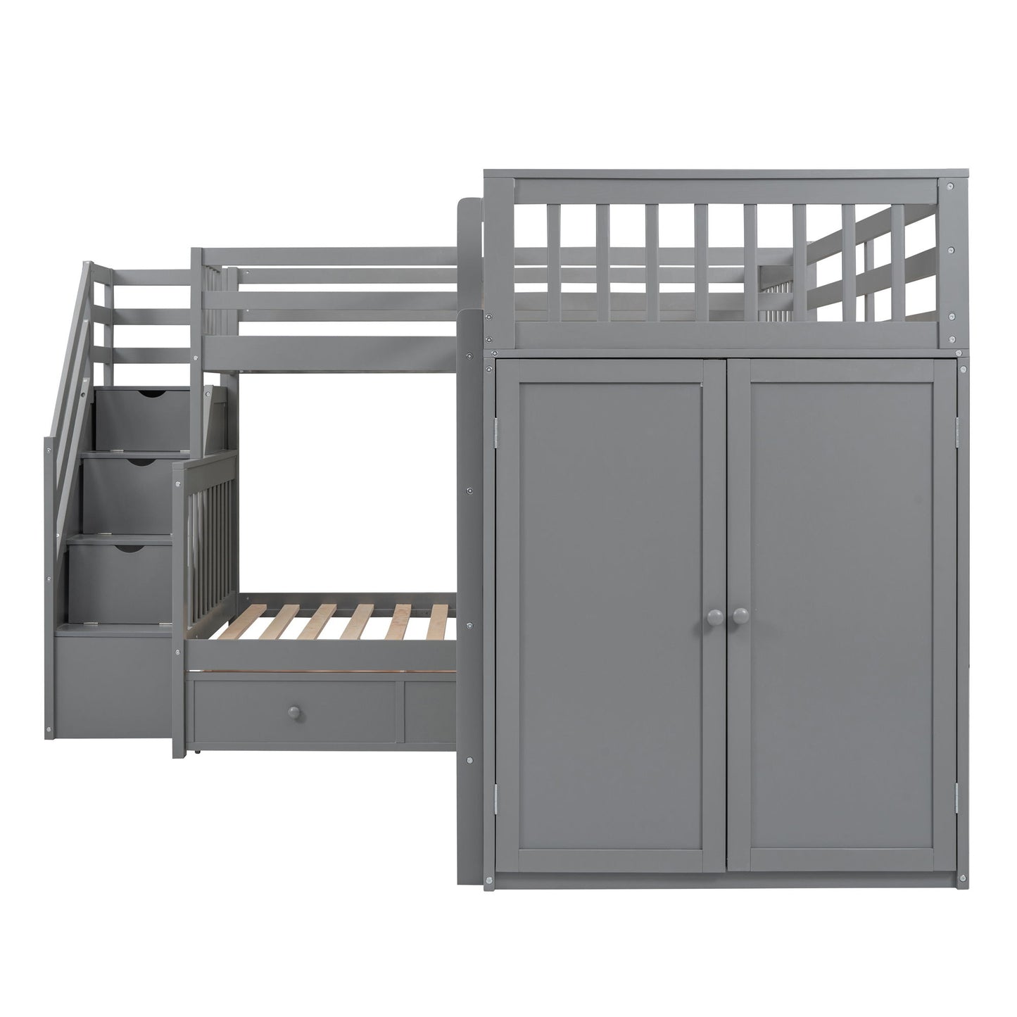 Twin Twin Over Full L Shaped Bunk Bed With 3 Drawers, Portable Desk And Wardrobe - Gray