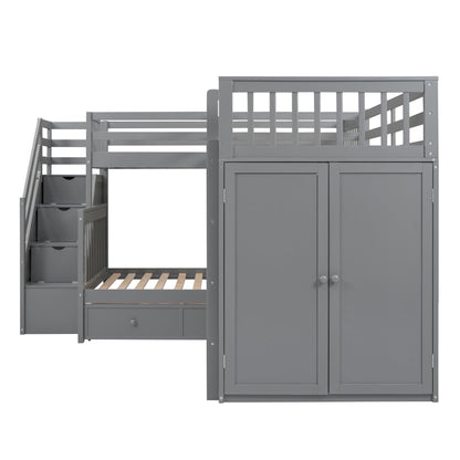 Twin Twin Over Full L Shaped Bunk Bed With 3 Drawers, Portable Desk And Wardrobe - Gray