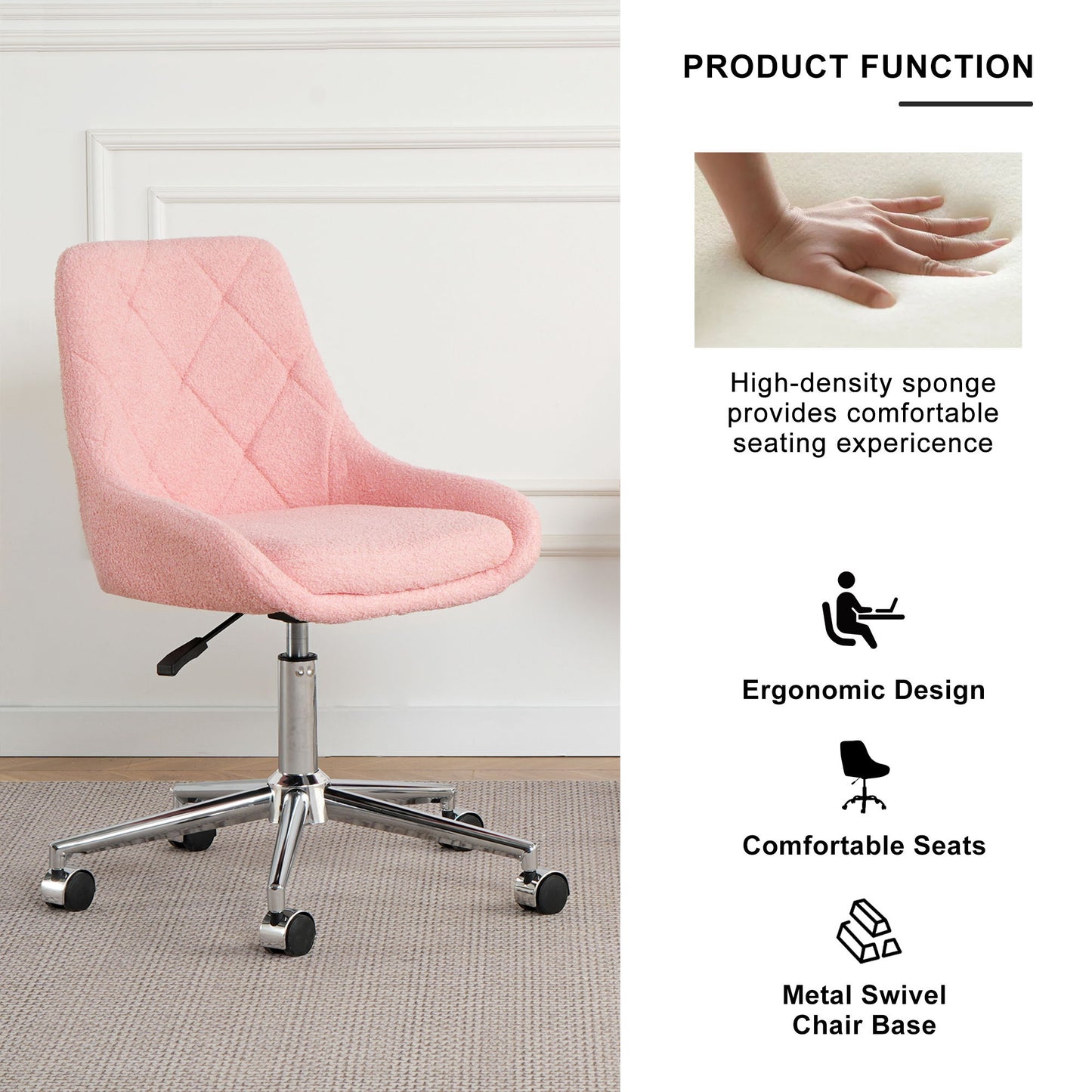 Modern Teddy Velvet Fabric Dining Chair With Golden Electroplated Legs, Soft And Comfortable, Adjustable And Space Saving - Pink