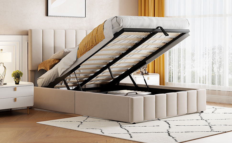 Full Size Upholstered Platform Bed With A Hydraulic Storage System - Beige