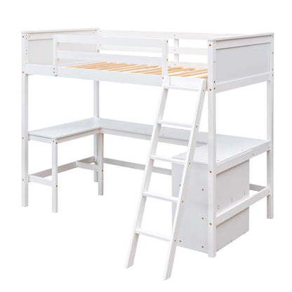 Twin Size Loft Bed With Shelves With Desk - White