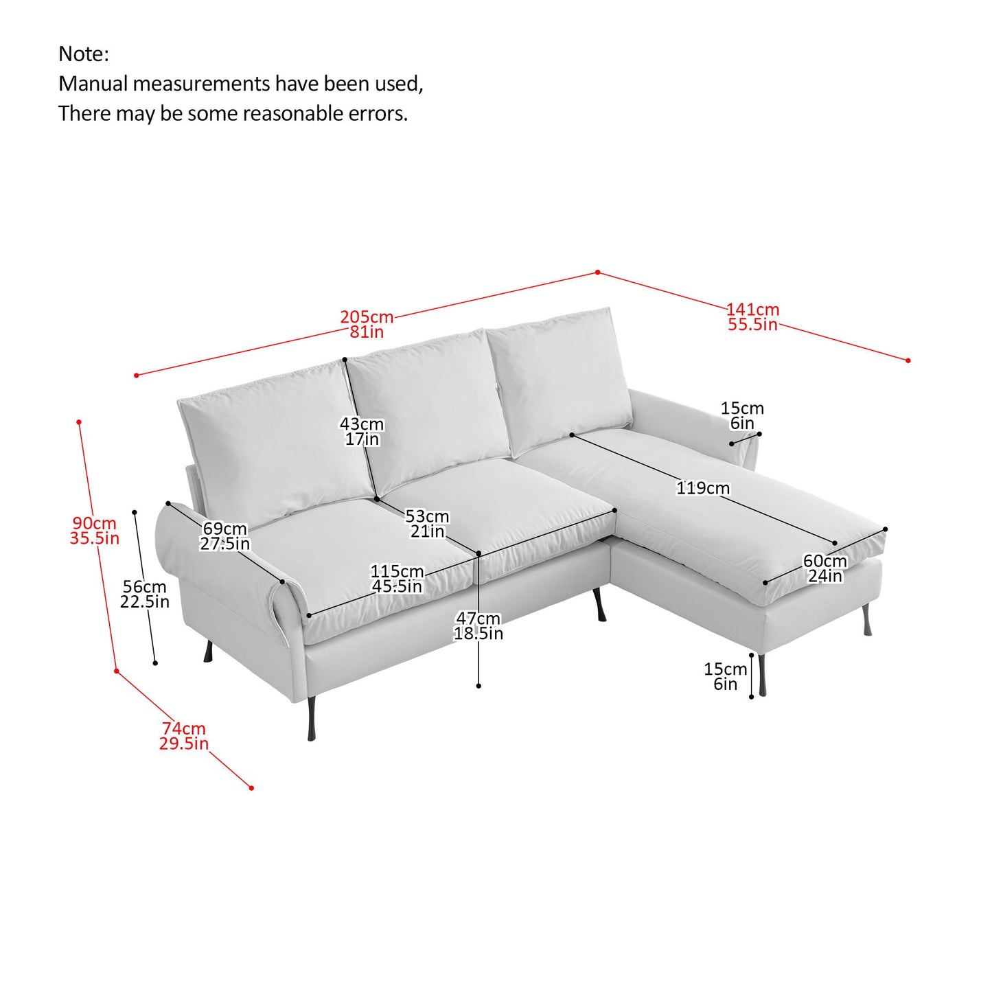 Modern Sectional Technical Leather L-Shaped Sofa Couch With Reversible Chaise Lounge - Dark Gray