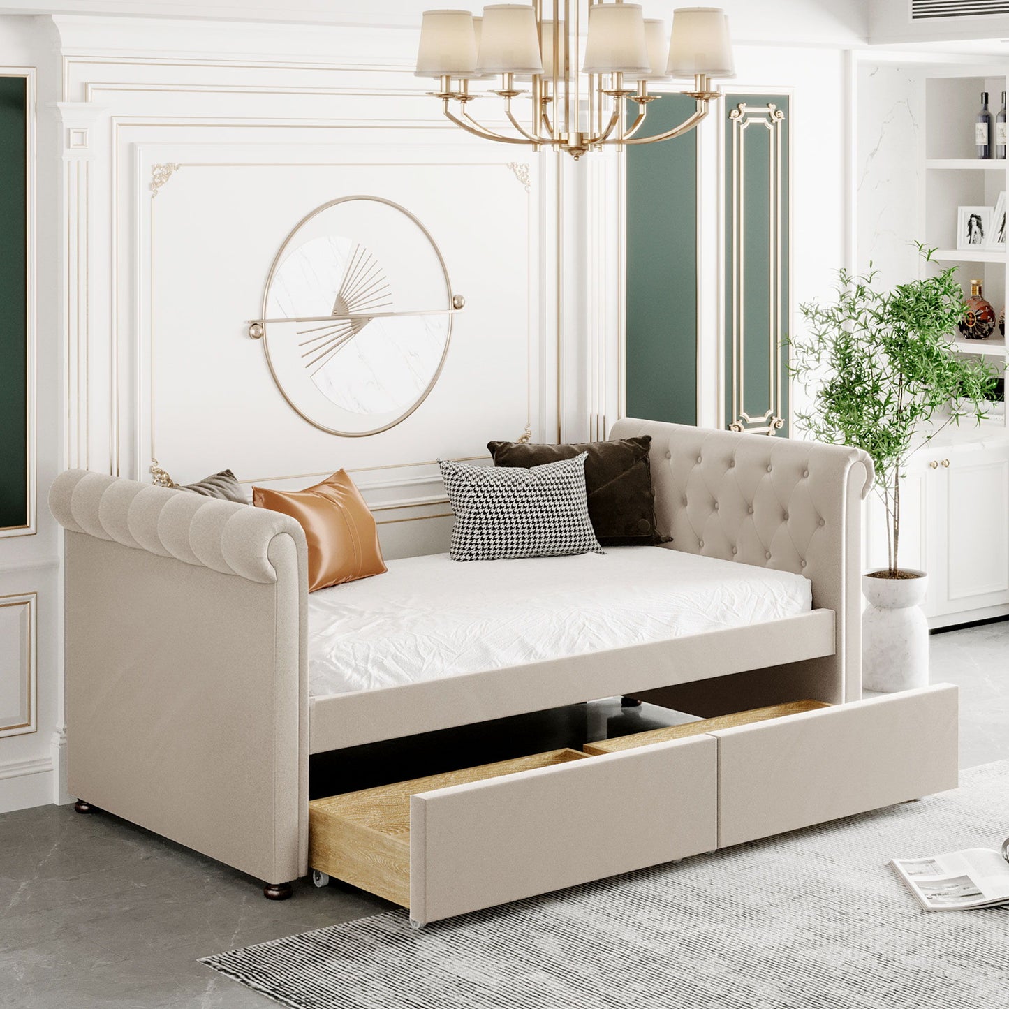 Twin Size Upholstered Daybed With Drawers, Slat Support - Beige