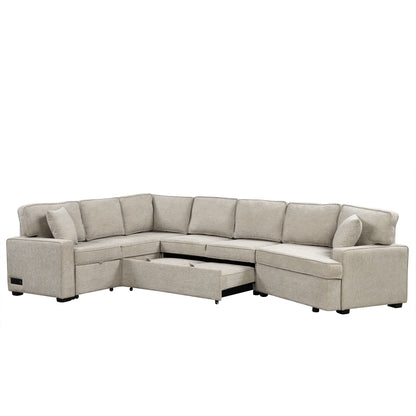 L-Shaped Sofa Sectional Sofa Couch Pull-Out Sofa Bed With Charging Devices And Cup Holders For Living Room - Beige