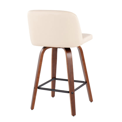 Toriano - Mid-Century Modern Fixed Height Counter Stool With Square Footrest (Set of 2) - Walnut / Cream