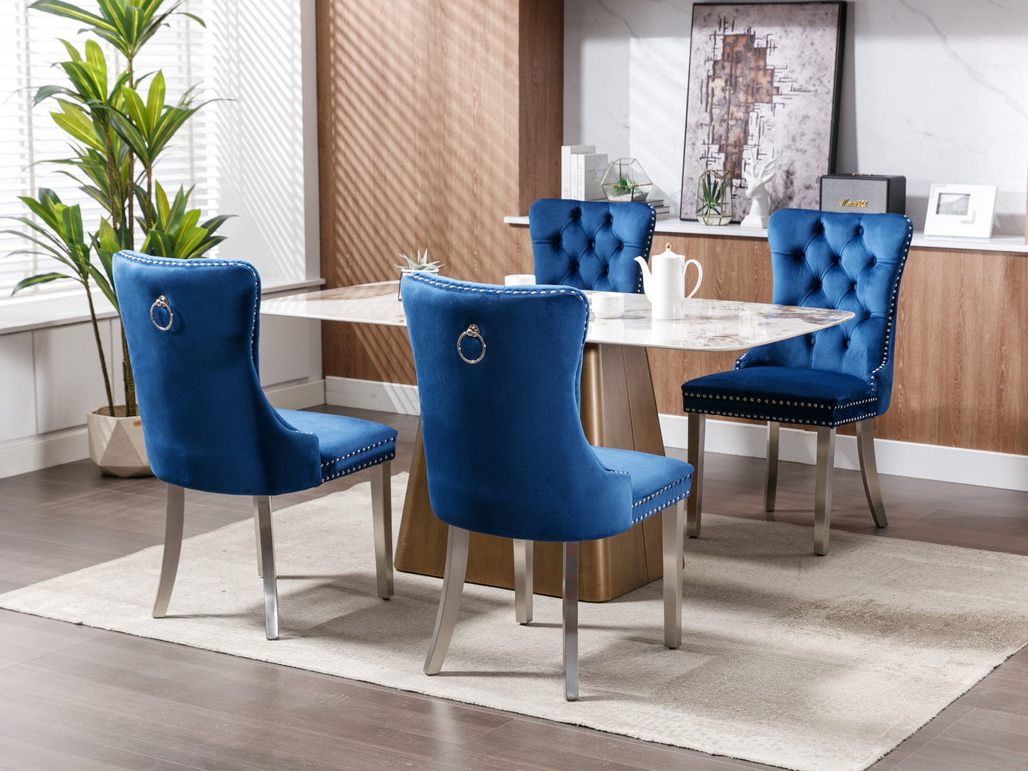 Nikki - Modern, High-End Tufted Solid Wood Contemporary Velvet Upholstered Dining Chair With Chrome Stainless Steel Plating Legs, Nailhead Trim, (Set of 2) - Blue / Chrome