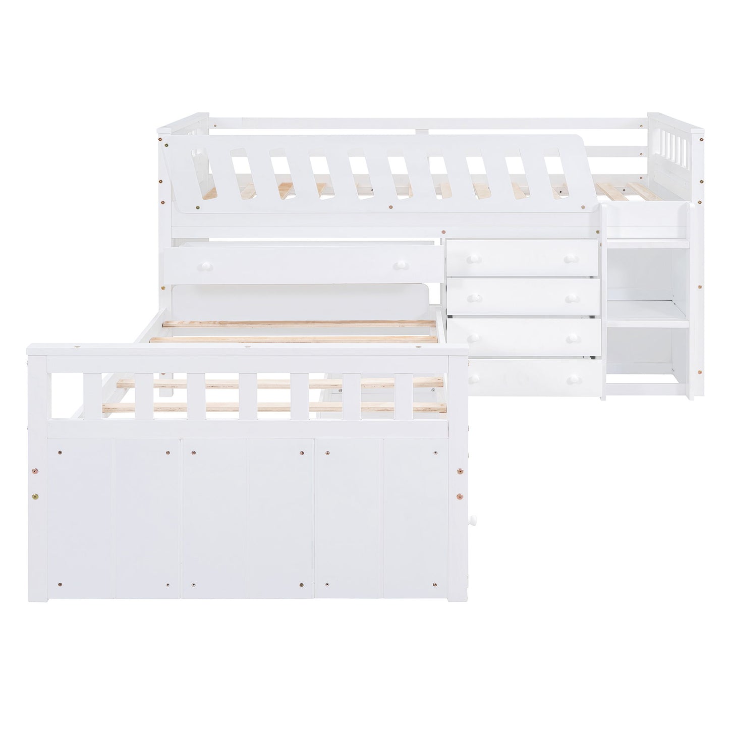 Twin Loft And Platform Bed With 7 Drawers And Full Guardrails, Modern L Shaped Space Savin - White