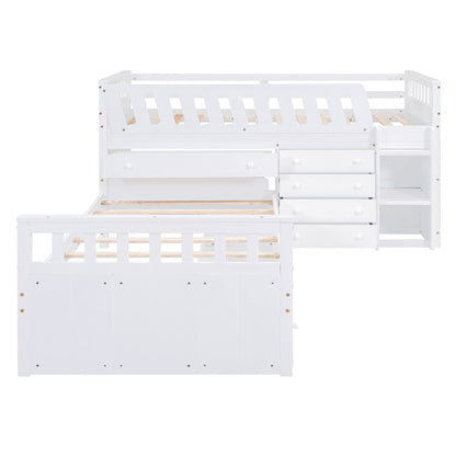 Twin Loft And Platform Bed With 7 Drawers And Full Guardrails, Modern L Shaped Space Savin - White