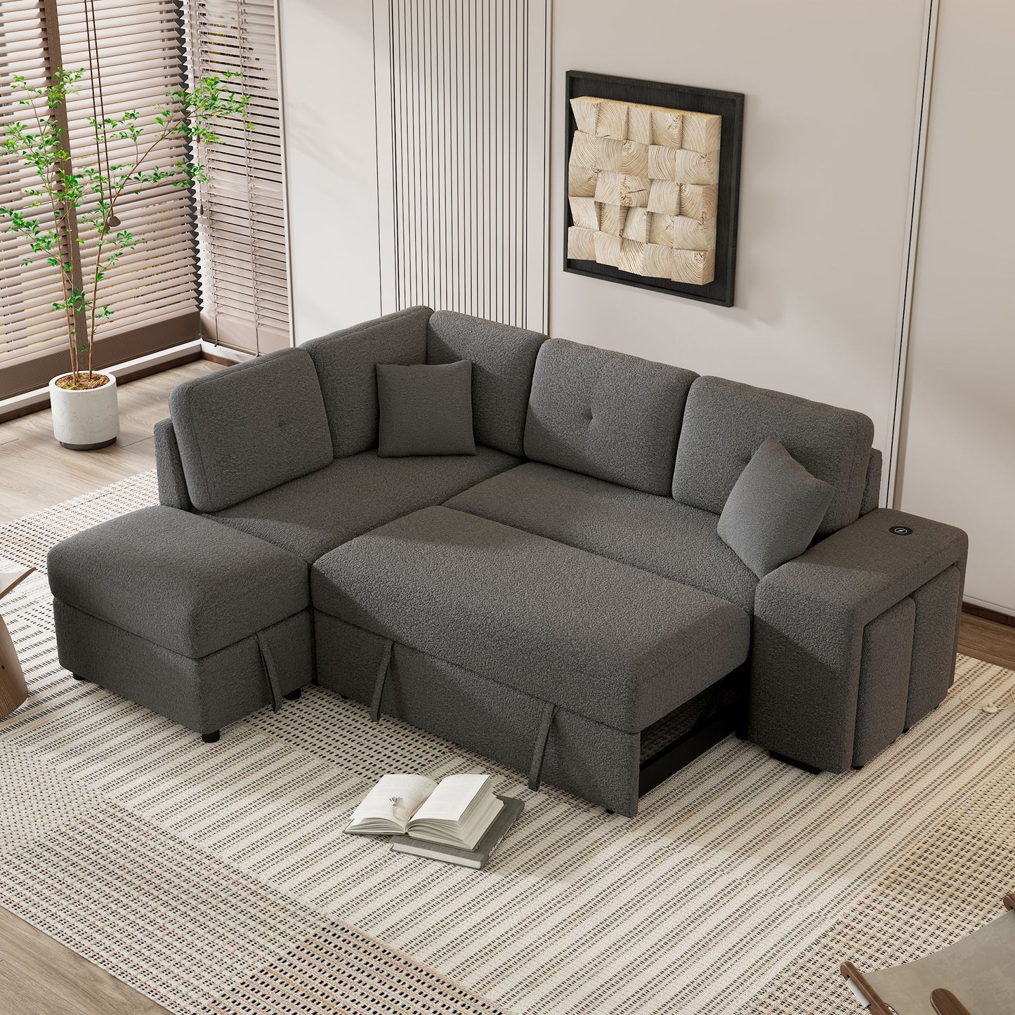 Convertible Sleeper, Sectional Pull Out Sofa Bed With Storage Ottoman, 2 Throw Pillows, 2 Stools, Wireless Charger And Two Hidden USB Ports For Living Room - Dark Gray