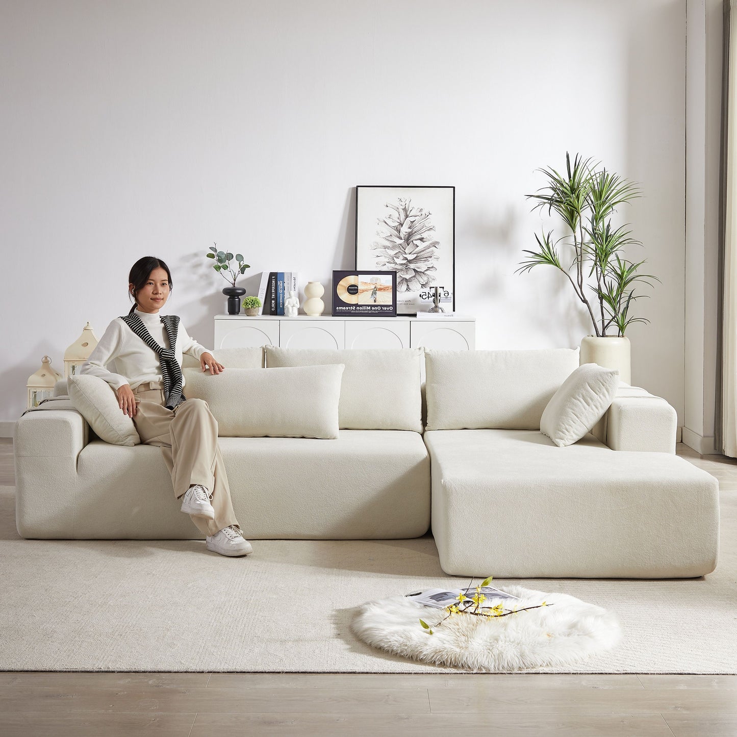 Modern Chenille Upholstered Sectional Sofa Couch Set, Modular L Shaped Sectional Living Room Sofa Set & 6 Pillows, Free Combination - Beige