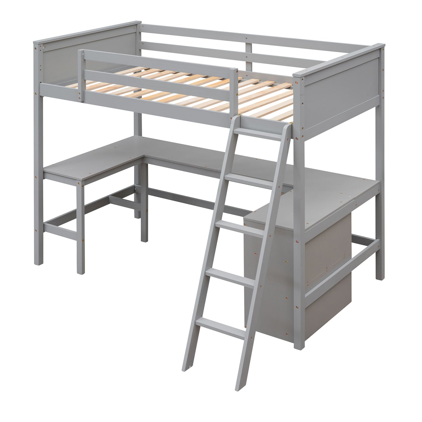 Twin Size Loft Bed With Shelves With Desk - Gray