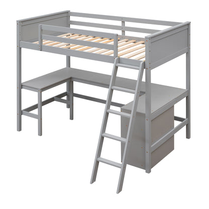 Twin Size Loft Bed With Shelves With Desk - Gray