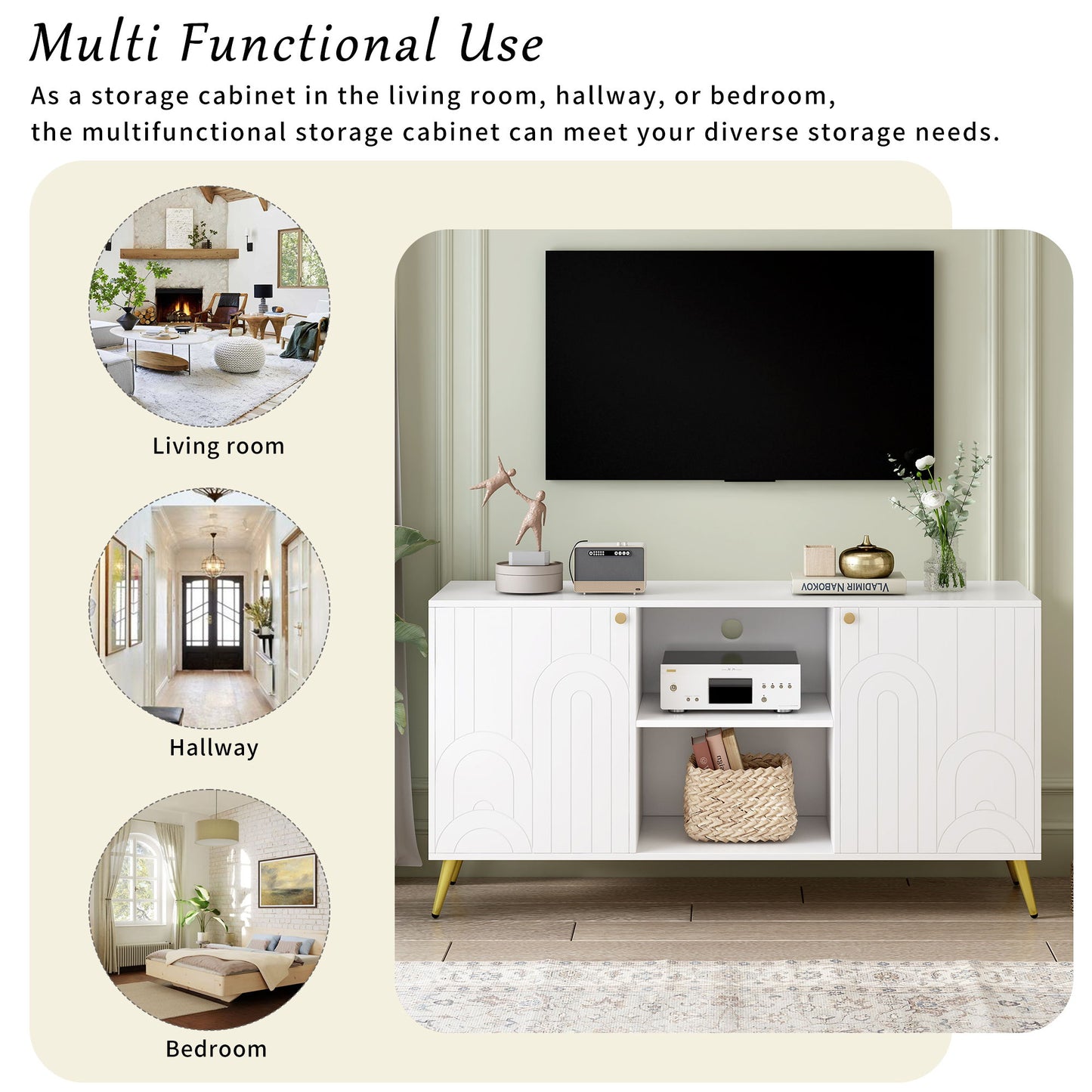 Modern TV Stand For TVs Up To 55", Entertainment Center Media Console, Adjustable Shelf, Metal Legs, Handles And Anti-Tip Device For Living Room - White