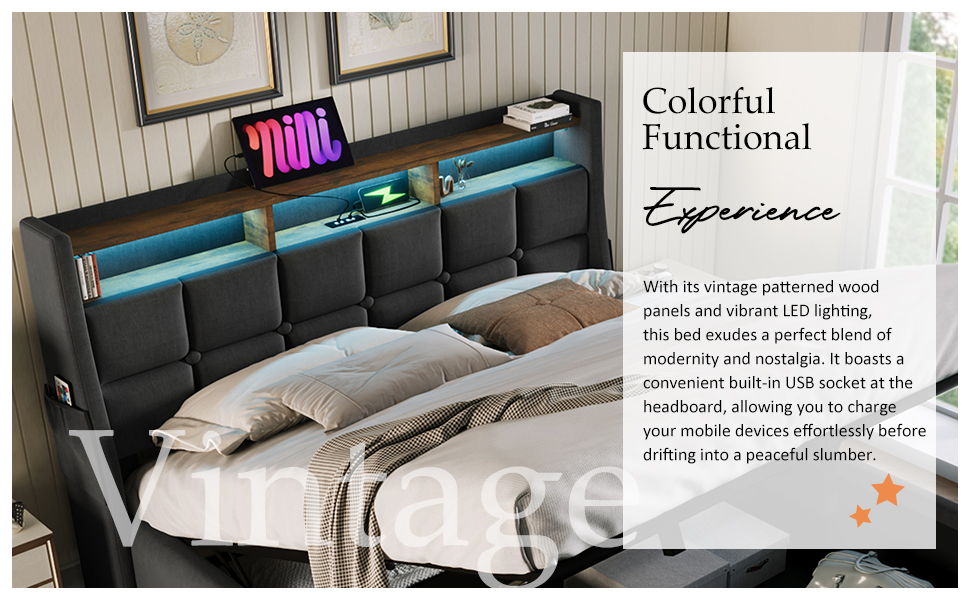 Full Size Upholstered Platform Bed With A Hydraulic Storage System, LED And USB Charging (Without Mattress) - Gray