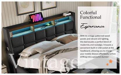 Full Size Upholstered Platform Bed With A Hydraulic Storage System, LED And USB Charging (Without Mattress) - Gray