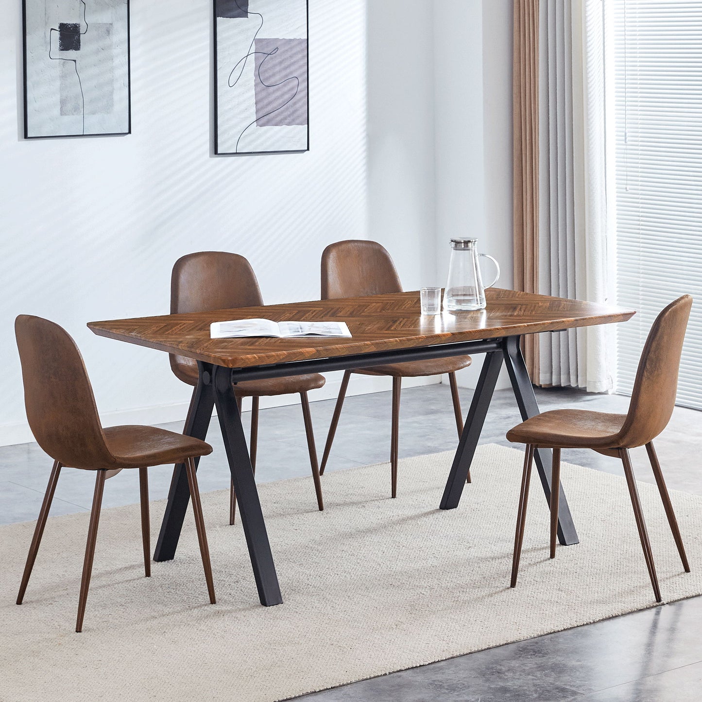 Modern Transferred Leg Backrest Dining Chair And Herringbone Dining Table Set Model Of Elegance And Durability For Home Furnishing - Brown / Walnut