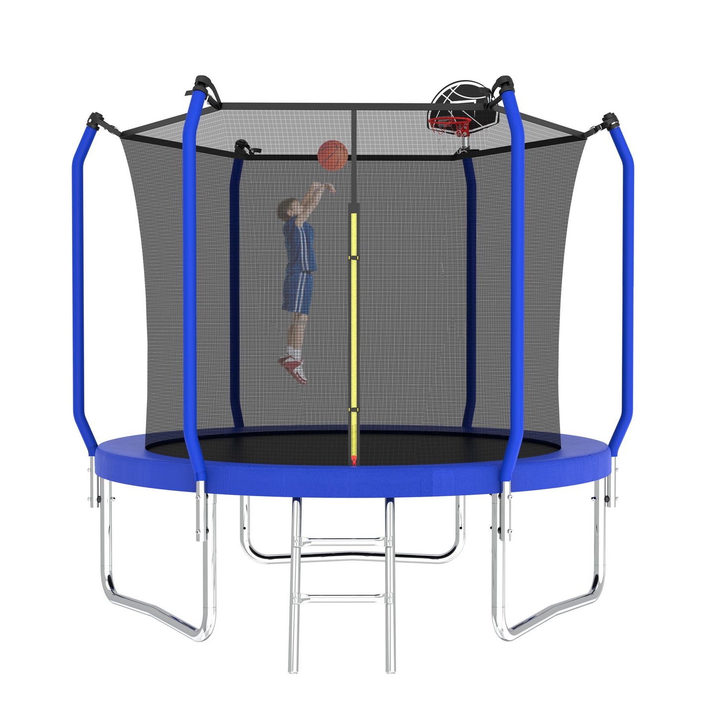 8Ft Trampoline With Basketball Hoop, Astm Approved Reinforced Type Outdoor Trampoline With Enclosure Net - Blue