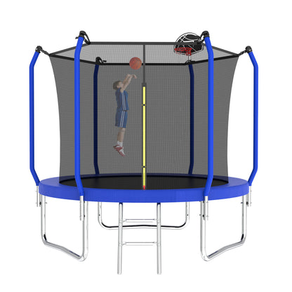 8Ft Trampoline With Basketball Hoop, Astm Approved Reinforced Type Outdoor Trampoline With Enclosure Net - Blue