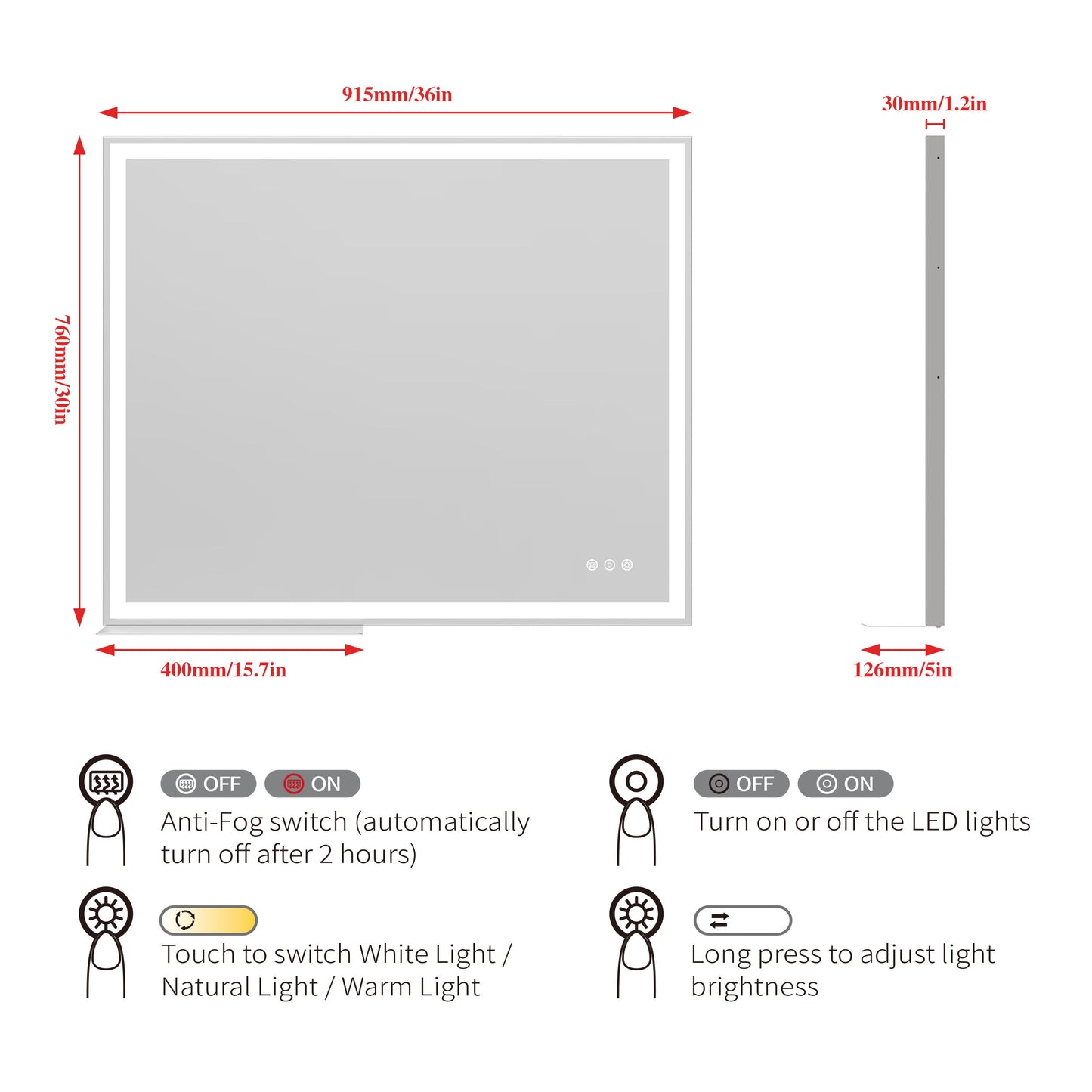 LED Bathroom Vanity Mirror Wall Mounted Adjustable White / Warm / Natural Lights Anti-Fog Touch Switch With Memory Modern Smart Large Bathroom Mirrors - Silver