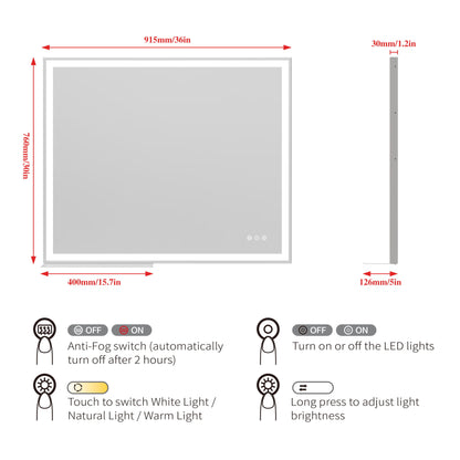 LED Bathroom Vanity Mirror Wall Mounted Adjustable White / Warm / Natural Lights Anti-Fog Touch Switch With Memory Modern Smart Large Bathroom Mirrors - Silver