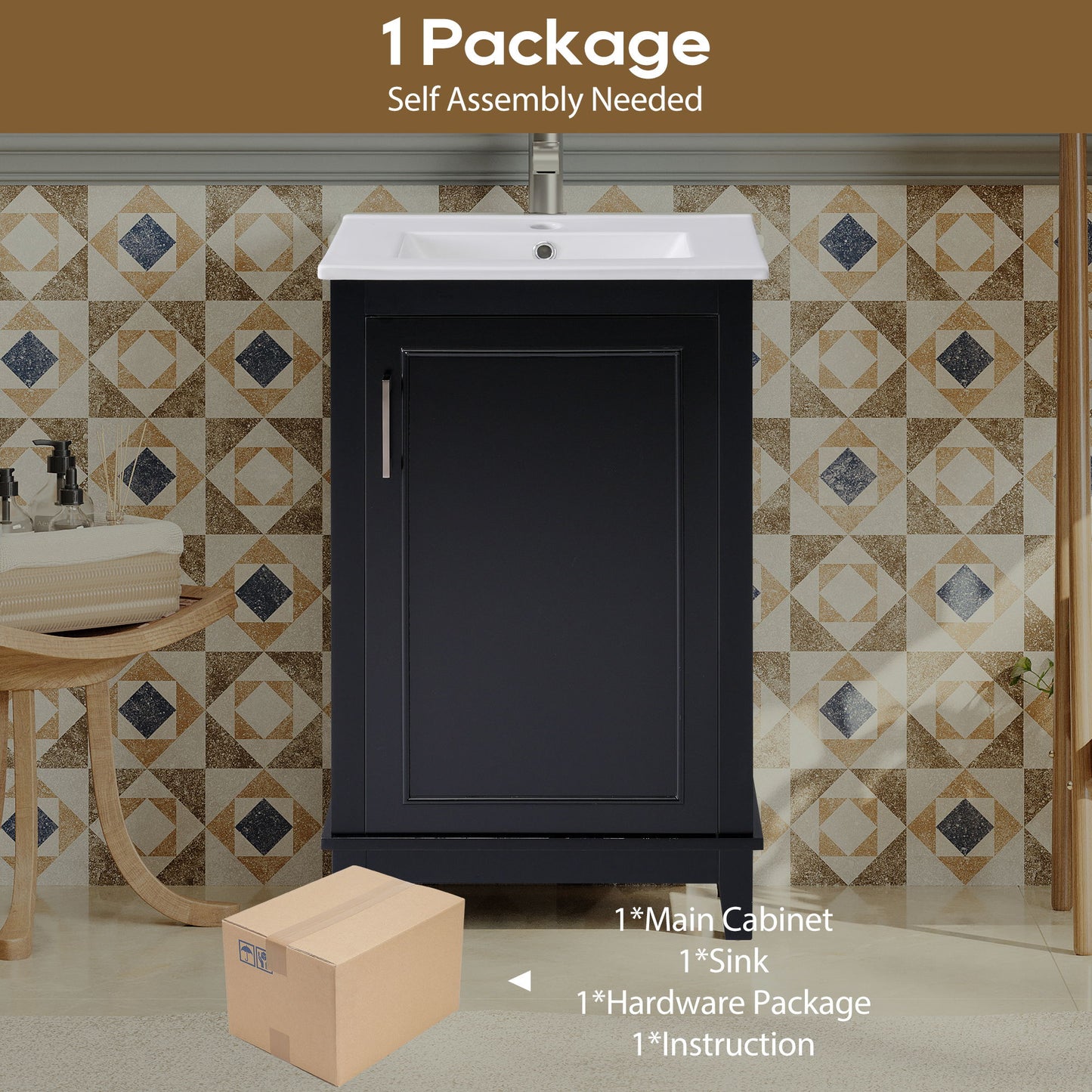 Modern Small Bathroom Vanity Cabinet With Ceramic Basin, Ample Storage, 1 Soft Close Door - Black