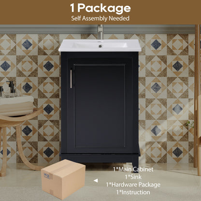 Modern Small Bathroom Vanity Cabinet With Ceramic Basin, Ample Storage, 1 Soft Close Door - Black