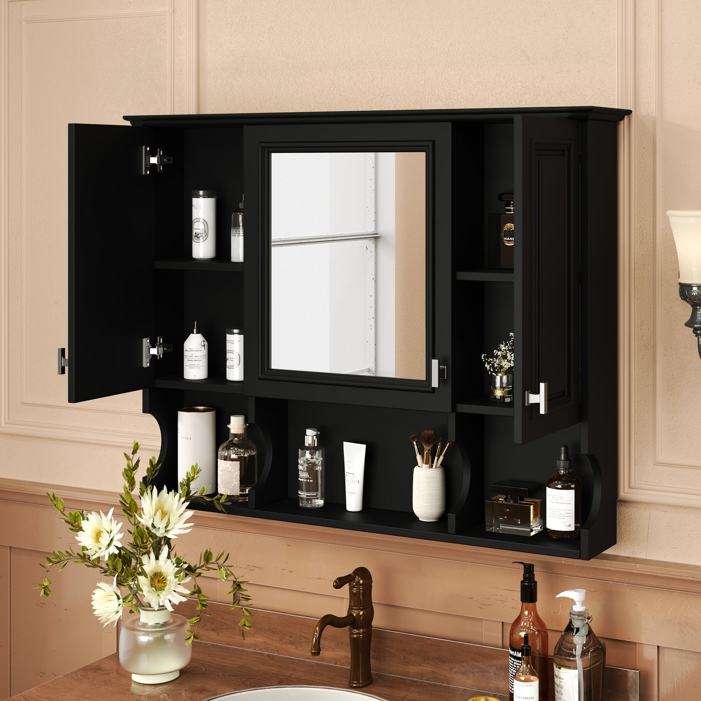 Wall Mounted Bathroom Medicine Cabinet, Modern Bathroom Wall Cabinet With Mirror, Mirror Cabinet With Open Shelves - Black