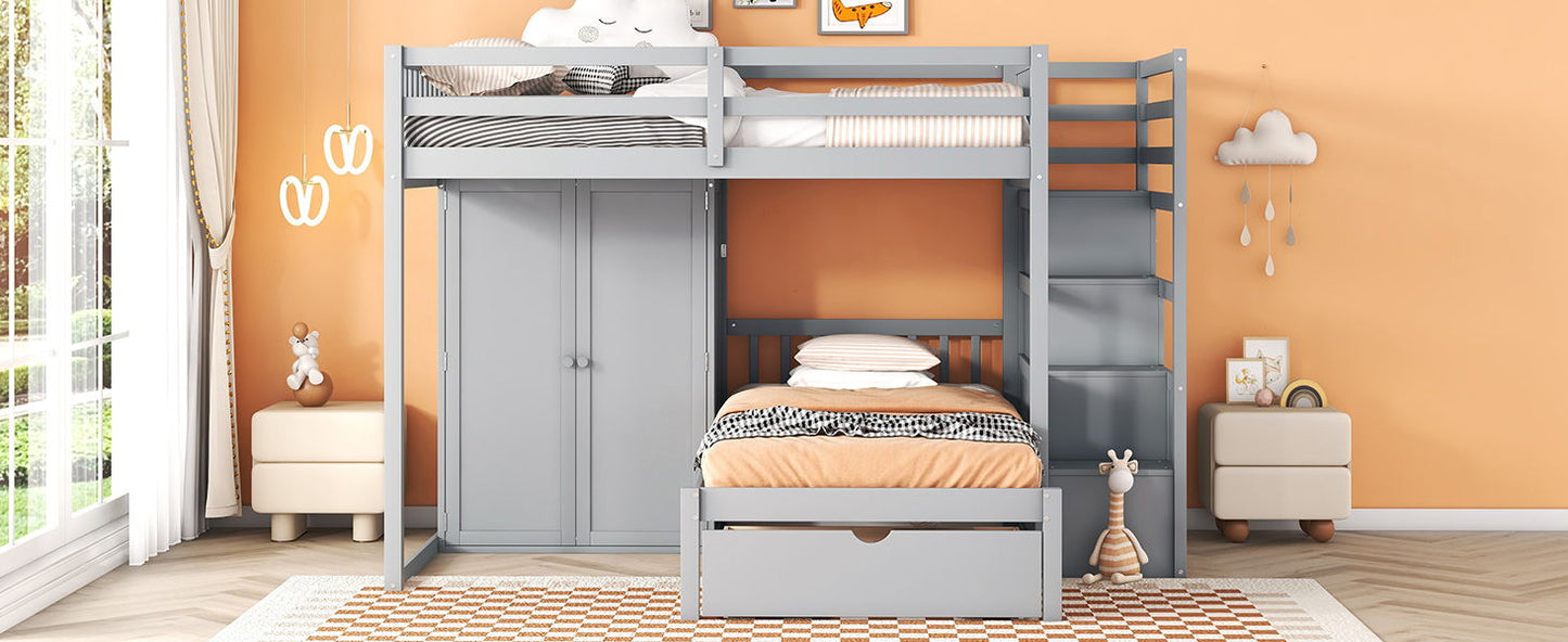 Full Over Twin Bunk Bed With Wardrobe, Drawers - Gray
