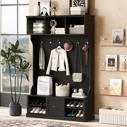 Hall Tree With 6 Hooks, Coat Hanger, Entryway Bench, 3 In 1 Design, A Spacious Drawer For Entrance, Living Room - Black