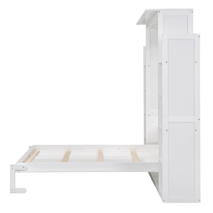 Full Size Murphy Wall Bed With Shelves And LED Lights - White