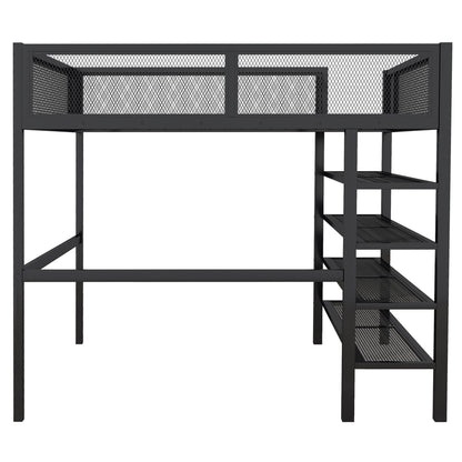 Full Size Loft Bed With 4 Tier Shelves And Storage - Black
