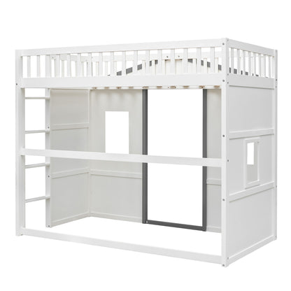 Twin Size House Loft Bed With Ladder - White / Gray
