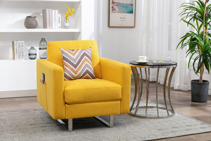 Victoria - Linen Fabric Armchair With Metal Legs, Side Pockets, And Pillow - Yellow