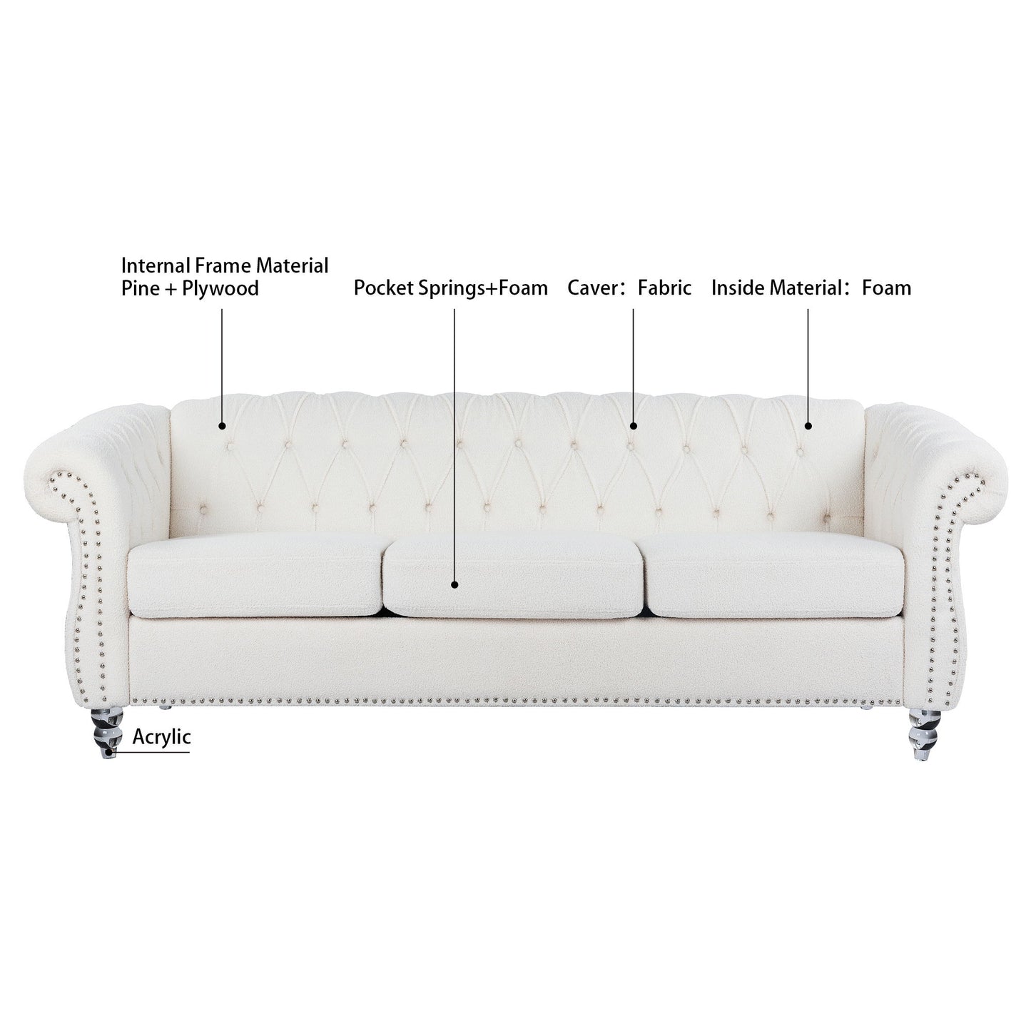 Rolled Arm Chesterfield 3 Seater Sofa - White