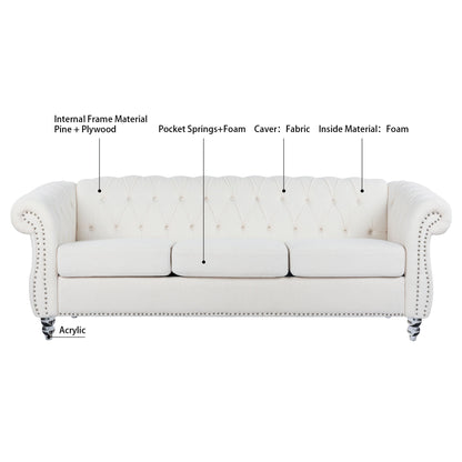 Rolled Arm Chesterfield 3 Seater Sofa - White