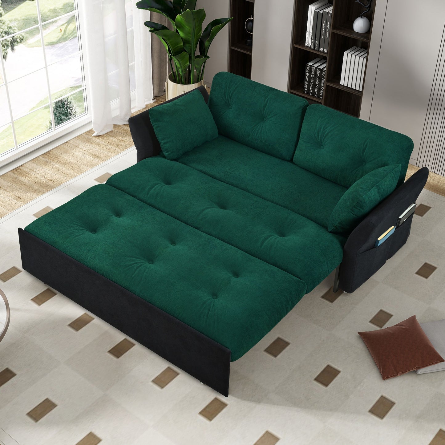 Modern Convertible Sleeper Sofa Bed With Pull Out Queen Design, Side Storage & Thick Cushions Chenille Loveseat For Living Room Or Bedroom 3 In 1 Function - Green