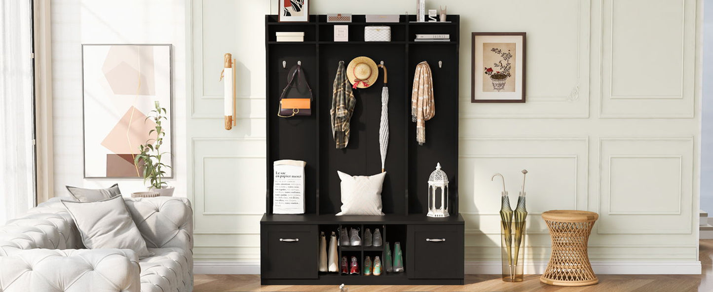 5 In 1 Entryway Bench With Coat Rack, 7 Sturdy Hooks, 2 Spacious Drawers And Adjustable Shelves, Wide Hall Tree With Metal Handles For Hallway - Black