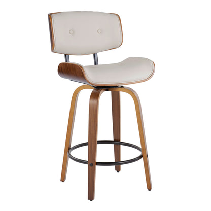 Lombardi - Mid-Century Modern Fixed Height Counter Stool With Swivel With Round Footrest (Set of 2) - Walnut / Cream