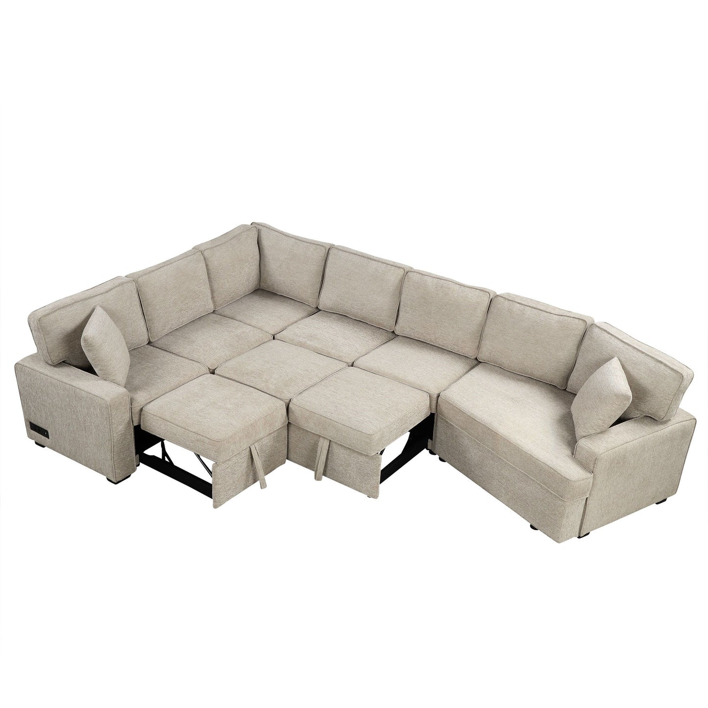 L-Shaped Sofa Sectional Sofa Couch Pull-Out Sofa Bed With Charging Devices And Cup Holders For Living Room - Beige