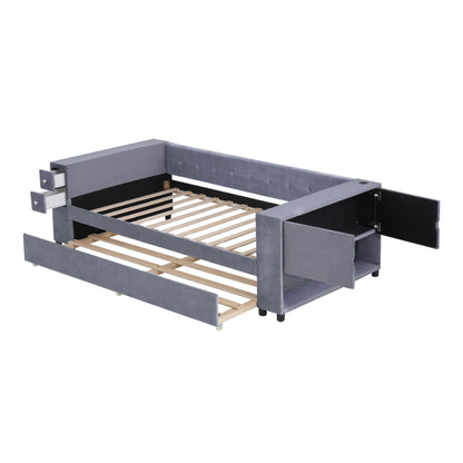 Twin Upholstered Bed With Storage And Twin Trundle, USB Charging Ports - Gray